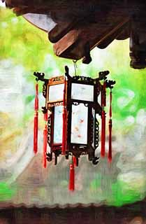 Illust, materieel, vrij, landschap, schilderstuk, schilderstuk, kleuren potlood, crayon, werkje,Yuyuan Tuin lantaarn tuinieren, Illuminering, Cultuur, Chinees etenswaar trant, Chinees gebouw