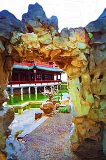 illustration,material,free,landscape,picture,painting,color pencil,crayon,drawing,Yuyuan Garden deformed limestone, Joss house garden, , deformed limestone, Chinese building