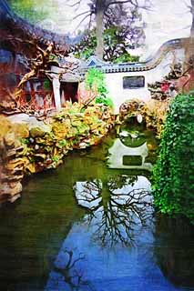 illustration,material,free,landscape,picture,painting,color pencil,crayon,drawing,Yuyuan Garden waterway, Joss house garden, , waterway, Chinese building