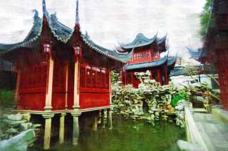 illustration,material,free,landscape,picture,painting,color pencil,crayon,drawing,Yuyuan Garden, Joss house garden, , Chinese food style, I am painted in red