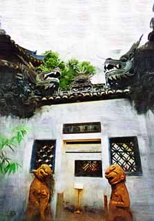 illustration,material,free,landscape,picture,painting,color pencil,crayon,drawing,Yuyuan Garden dragon wall, Joss house garden, dragon, roof tile, Chinese building