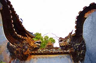 illust, materiale, libero panorama, ritratto dipinto, matita di colore disegna a pastello, disegnando,Yuyuan Garden muro di dragone, Joss si trova giardino, dragone, tegola di tetto, Edificio cinese