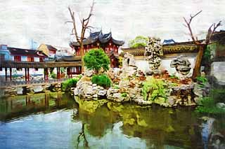 illustration,material,free,landscape,picture,painting,color pencil,crayon,drawing,Yuyuan Garden, Joss house garden, roofed passage connecting buildings, Chinese food style, pond