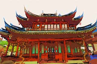 illustration,material,free,landscape,picture,painting,color pencil,crayon,drawing,Yuyuan Garden, Joss house garden, roofed passage connecting buildings, Chinese food style, I am painted in red