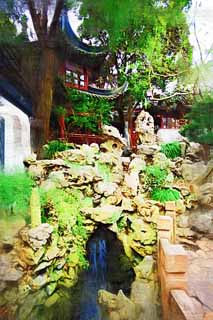 illustration,material,free,landscape,picture,painting,color pencil,crayon,drawing,Yuyuan Garden, Joss house garden, Making a rock garden, Chinese food style, I am painted in red