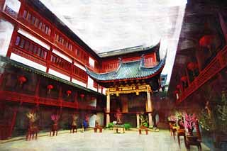 illustration,material,free,landscape,picture,painting,color pencil,crayon,drawing,Yuyuan Garden old clowning stand, Joss house garden, Making a rock garden, Chinese food style, I am painted in red
