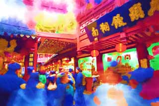illustration,material,free,landscape,picture,painting,color pencil,crayon,drawing,Yuyuan Garden shopping mall, Joss house garden, crowd, Run the south; a steamed bun, dining room