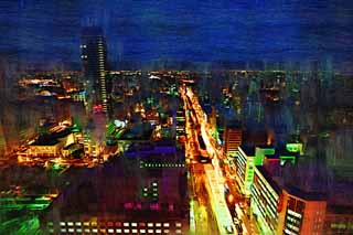 illust, materiale, libero panorama, ritratto dipinto, matita di colore disegna a pastello, disegnando,Una prospettiva serale di Sapporo, citt, Luminarie, luce, Io sono bello