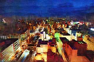 illust, materiell, befreit, Landschaft, Bild, Gemlde, Farbbleistift, Wachsmalstift, Zeichnung,,Eine Nacht von Sicht von Sapporo, die Stadt, Festliche Beleuchtung, Licht, Ich bin schn