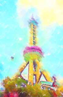 illust,tela,gratis,paisaje,fotografa,idea,pintura,Lpiz de color,dibujo,Tren de pelota de luz de este de reloj; una torre, Una torre de ola elctrica, Sitio de turismo, Una torre de perla oriental, Un mar desigual exterior