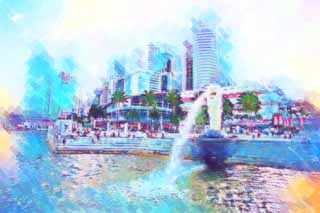 illust,tela,gratis,paisaje,fotografa,idea,pintura,Lpiz de color,dibujo,Merlion, Singapure, Rascacielos, Sirena, Ciudad antigua