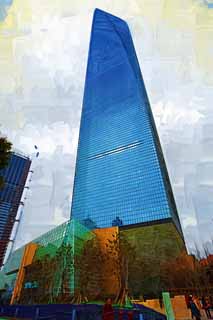 illustration,material,free,landscape,picture,painting,color pencil,crayon,drawing,Shanghai skyscraper, The center where Shanghai world financial, Pudong New Area, Shanghai Hills, skyscraper