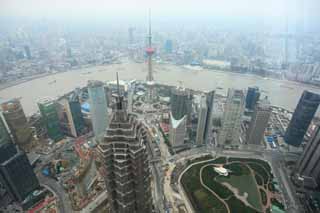 Foto, materieel, vrij, landschap, schilderstuk, bevoorraden foto,Ontwikkeling van Sjanghai, Het centrum waarin Sjanghai wereld financieel, Pudong New Area, Horloge naar het oosten maken bal trein aan; Een toren, Torenflat