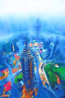 Illust, materieel, vrij, landschap, schilderstuk, schilderstuk, kleuren potlood, crayon, werkje,Ontwikkeling van Sjanghai, Het centrum waarin Sjanghai wereld financieel, Pudong New Area, Horloge naar het oosten maken bal trein aan; Een toren, Torenflat