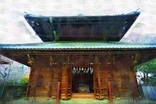 illustration,material,free,landscape,picture,painting,color pencil,crayon,drawing,Ikegami front gate temple storehouse for keeping the Buddhist scripture, Takashi Nichiren, Chaitya, ring storehouse, All the Buddhist sutras for Amagai