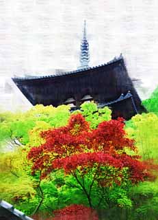 illustration,material,free,landscape,picture,painting,color pencil,crayon,drawing,Three folds of Taima temple towers, Colored leaves, Japanese building, triple tower, Buddhism architecture