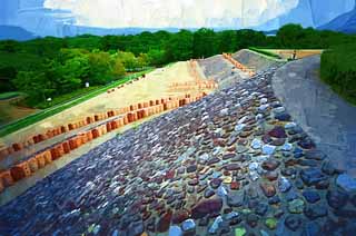 illustration,material,free,landscape,picture,painting,color pencil,crayon,drawing,Nagare tomb kubire, An old burial mound, burial mound cylindrical figure, Gravel spread all over an old mound, Ancient Japan