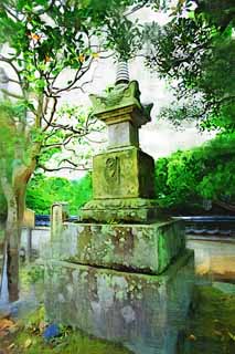 illustration,material,free,landscape,picture,painting,color pencil,crayon,drawing,A graveyard of Byodo-in Temple Yorimasa, grave, Genji, Heike, Sanskrit characters