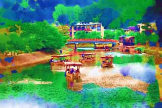 illustration,material,free,landscape,picture,painting,color pencil,crayon,drawing,Uji River, An oar, boatman, Sightseeing ship, The surface of the water