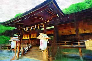 Illust, materieel, vrij, landschap, schilderstuk, schilderstuk, kleuren potlood, crayon, werkje,Het is een Shinto heiligdom voorkant heiligdom in Uji, Lantaarn, Shinto stro festoon, Bamboo blind, Shinto