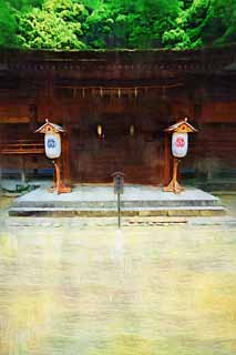 Illust, materieel, vrij, landschap, schilderstuk, schilderstuk, kleuren potlood, crayon, werkje,Het is een Shinto heiligdom voorkant heiligdom in Uji, Veeg zand, Shinto, Ceremonieel sandpile, Geest-behuizing object