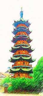 illust, materiale, libero panorama, ritratto dipinto, matita di colore disegna a pastello, disegnando,Un tempio di massa di Ryuge Ryuge ammassa torre, Buddismo, pagoda, Giallo, rimborso di torre di gentilezza