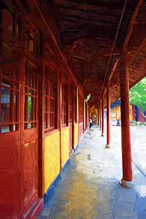 illustration,material,free,landscape,picture,painting,color pencil,crayon,drawing,A Ryuge mass temple corridor, Buddhism, I am painted in red, Faith, corridor