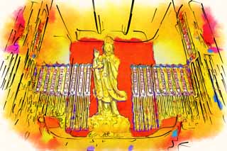 illustration,material,free,landscape,picture,painting,color pencil,crayon,drawing,Static Yasushi temple Goddess of Mercy image, Buddhism, Prayer, Faith, Buddhist image