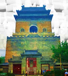 illust, materiale, libero panorama, ritratto dipinto, matita di colore disegna a pastello, disegnando,Una torre di campana di Pechino, torre di campana, Keijo, Il tempo segnala,  costruito di mattone