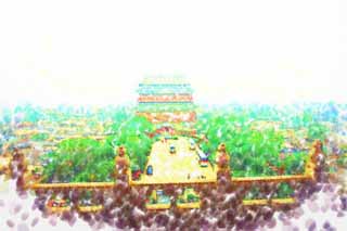 illustration,material,free,landscape,picture,painting,color pencil,crayon,drawing,A drum tower of Beijing, drum, Keijo, , Ground Yasushi gate University street