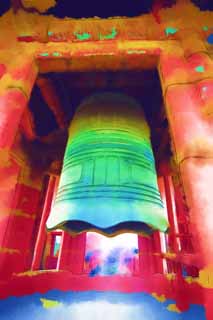 illust, materiale, libero panorama, ritratto dipinto, matita di colore disegna a pastello, disegnando,Una torre di campana di Pechino, torre di campana, Keijo, Il tempo segnala, Colpendo una campana