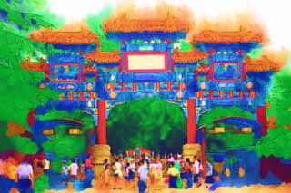 illustration,material,free,landscape,picture,painting,color pencil,crayon,drawing,Yonghe Temple tile Bo, Tile Bo, The gate, Pailou, Chaitya