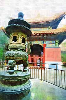 illust, materiale, libero panorama, ritratto dipinto, matita di colore disegna a pastello, disegnando,Una lampada di incenso di Tempio di Yonghe, scultura, dragone, modello, Chaitya