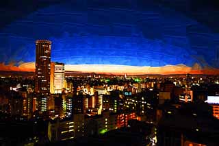 Illust, materieel, vrij, landschap, schilderstuk, schilderstuk, kleuren potlood, crayon, werkje,Schemering van Tokio, Avond uitzicht, Gebouw, Illuminering, Mt. Fuji