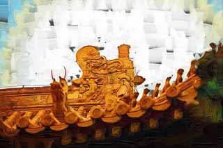 illust, materiale, libero panorama, ritratto dipinto, matita di colore disegna a pastello, disegnando,Una tegola di Tempio di Yonghe, Tibet, Un animale, dragone, Chaitya