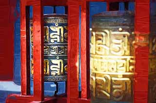 illust, materiale, libero panorama, ritratto dipinto, matita di colore disegna a pastello, disegnando,Macchina di Criniere di Tempio di Yonghe, Buddismo tibetano, Passi attraverso cambio; un contenitore, attrezzo di religione, Kolo di criniere