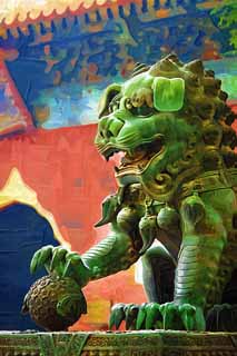 illust, materiale, libero panorama, ritratto dipinto, matita di colore disegna a pastello, disegnando,Un leone di Tempio di Yonghe, paio di pietra cani custode, leone, , zanna