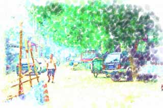 illust, materiale, libero panorama, ritratto dipinto, matita di colore disegna a pastello, disegnando,Secondo Pechino, La macchia di costruzione, macchina, Un filo elettrico, motocicletta