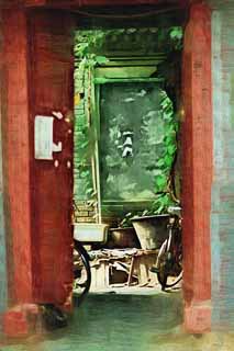 Illust, materieel, vrij, landschap, schilderstuk, schilderstuk, kleuren potlood, crayon, werkje,De deuropening van het huis van Beijing, Fiets, Emmer, De poort, Het wordt van de baksteen gebouwd