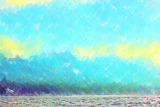 Illust, materieel, vrij, landschap, schilderstuk, schilderstuk, kleuren potlood, crayon, werkje,Yakushima, Ridgeline, De zee, Klif, Wolk