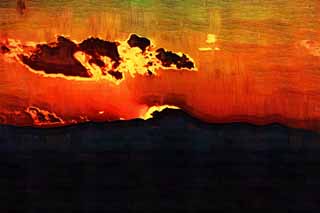 illust,tela,gratis,paisaje,fotografa,idea,pintura,Lpiz de color,dibujo,Monte. Fuji de la destruccin por el fuego, Sol poniente, Monte. Fuji, Rojo, Nube