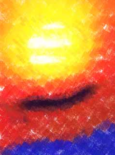 illust, materiale, libero panorama, ritratto dipinto, matita di colore disegna a pastello, disegnando,Sole che mette, Sole che mette, Il sole, Rosso, nube