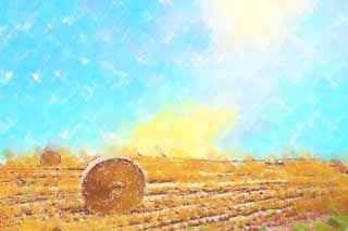 illust, materiale, libero panorama, ritratto dipinto, matita di colore disegna a pastello, disegnando,Un rotolo di erba, campo, rotolo di erba, Il paese, scenario rurale