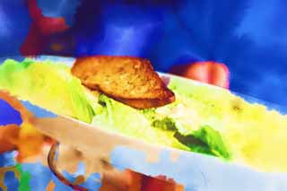 illustration,material,free,landscape,picture,painting,color pencil,crayon,drawing,Caesar salad, lettuce, Bread, Cheese, Salad