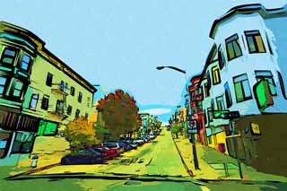 illust, materiale, libero panorama, ritratto dipinto, matita di colore disegna a pastello, disegnando,Secondo San Francisco, pendio, macchina, cielo blu, Fila di case lungo una strada urbana