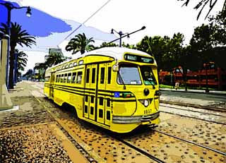 illustration,material,free,landscape,picture,painting,color pencil,crayon,drawing,A streetcar, Yellow, streetcar, roadside tree, track