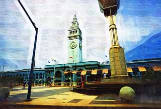 illustration,material,free,landscape,picture,painting,color pencil,crayon,drawing,Ferry Building, large clock, The Star-Spangled Banner, ferry, terminal