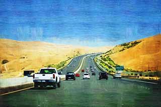 Illust, materieel, vrij, landschap, schilderstuk, schilderstuk, kleuren potlood, crayon, werkje,Een rijweg, Rijweg, Asfaltbitumen, Auto, Woestijn