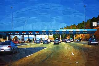 illustration,material,free,landscape,picture,painting,color pencil,crayon,drawing,A tollgate, highway, Asphalt, car, FASTRAK