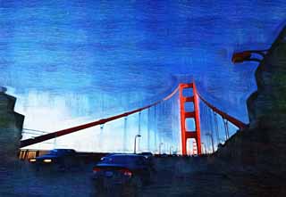 Illust, materieel, vrij, landschap, schilderstuk, schilderstuk, kleuren potlood, crayon, werkje,Een Golden Gate Bridge, De Golden Gate Bridge, De straten, Rijweg, Toeristische aantrekking